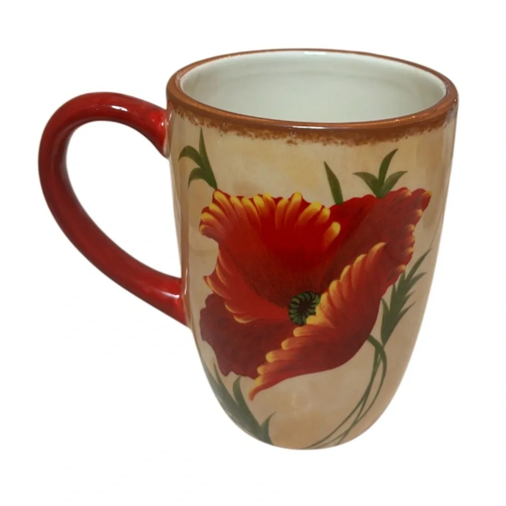 Pier 1 Poppies Mug 4 Piece Set Hand Painted Earthenware Replacements Red Floral